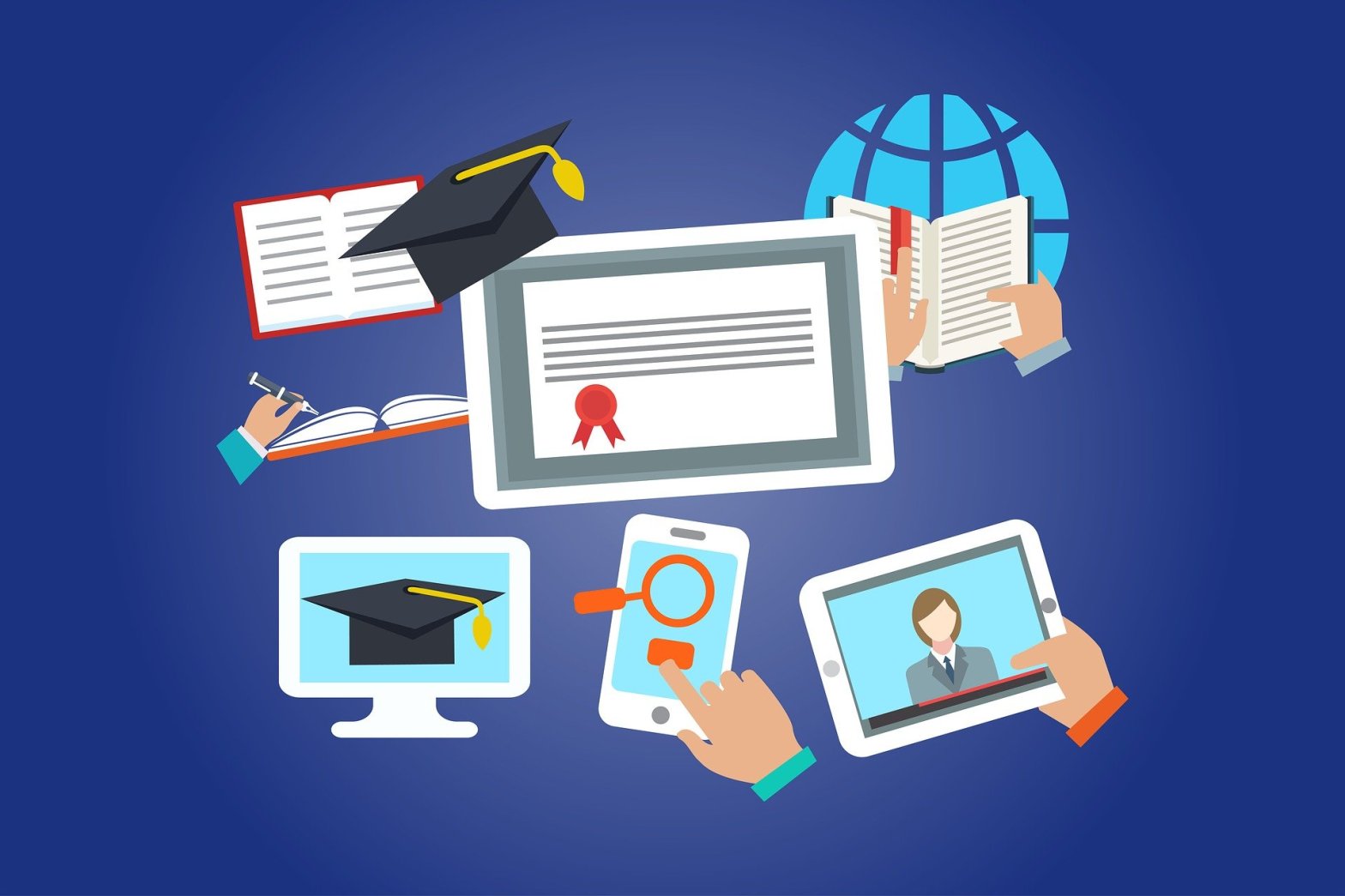 Online teaching and learning represented by books, mobile devices, computers, certificates, and graduation caps